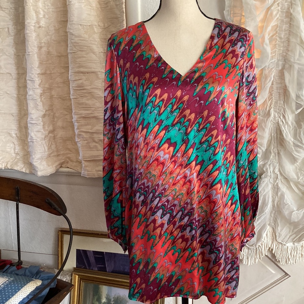 Eccoci Silk Blouse Tunic Women's Size 8 Long Sleeve V Neck Colorful